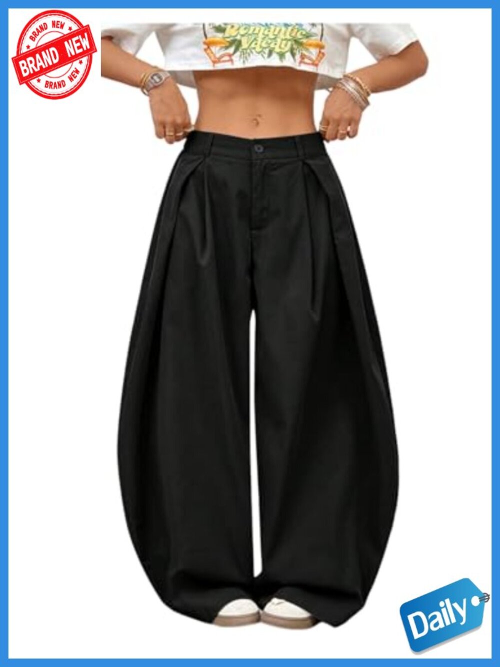 Women's Pleated Wide Leg Cargo Pants | Oversized Low Rise Trousers